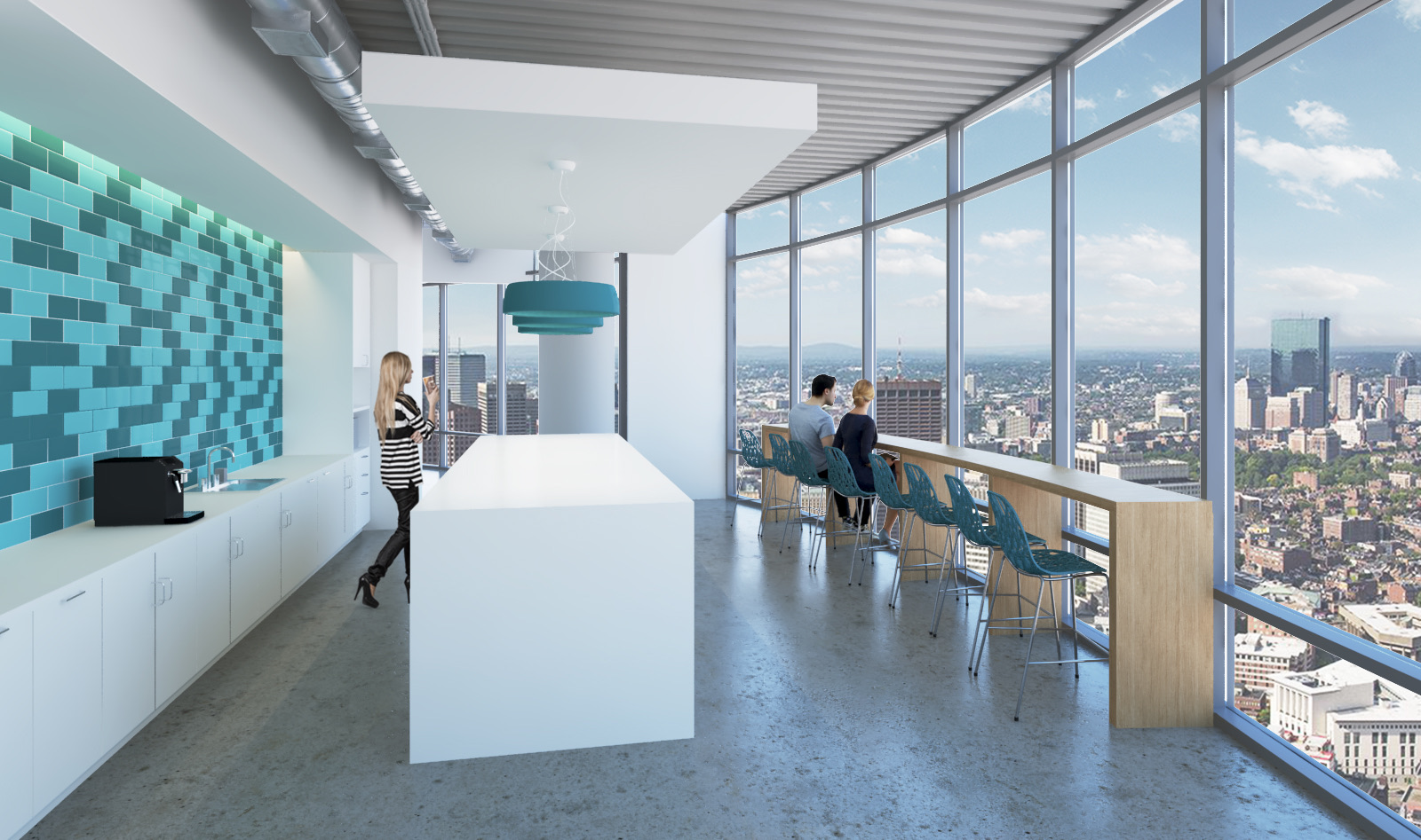 Photorealistic 3D rendering of a high-rise office interior